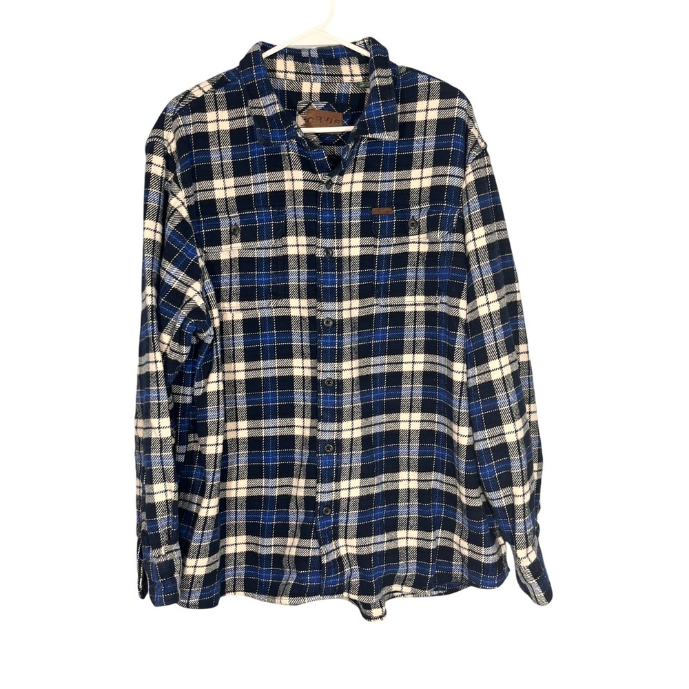 Orvis Men's Heavy Flannel Shacket Shirt Jacket Blue Plaid Button Up XXL Outdoor